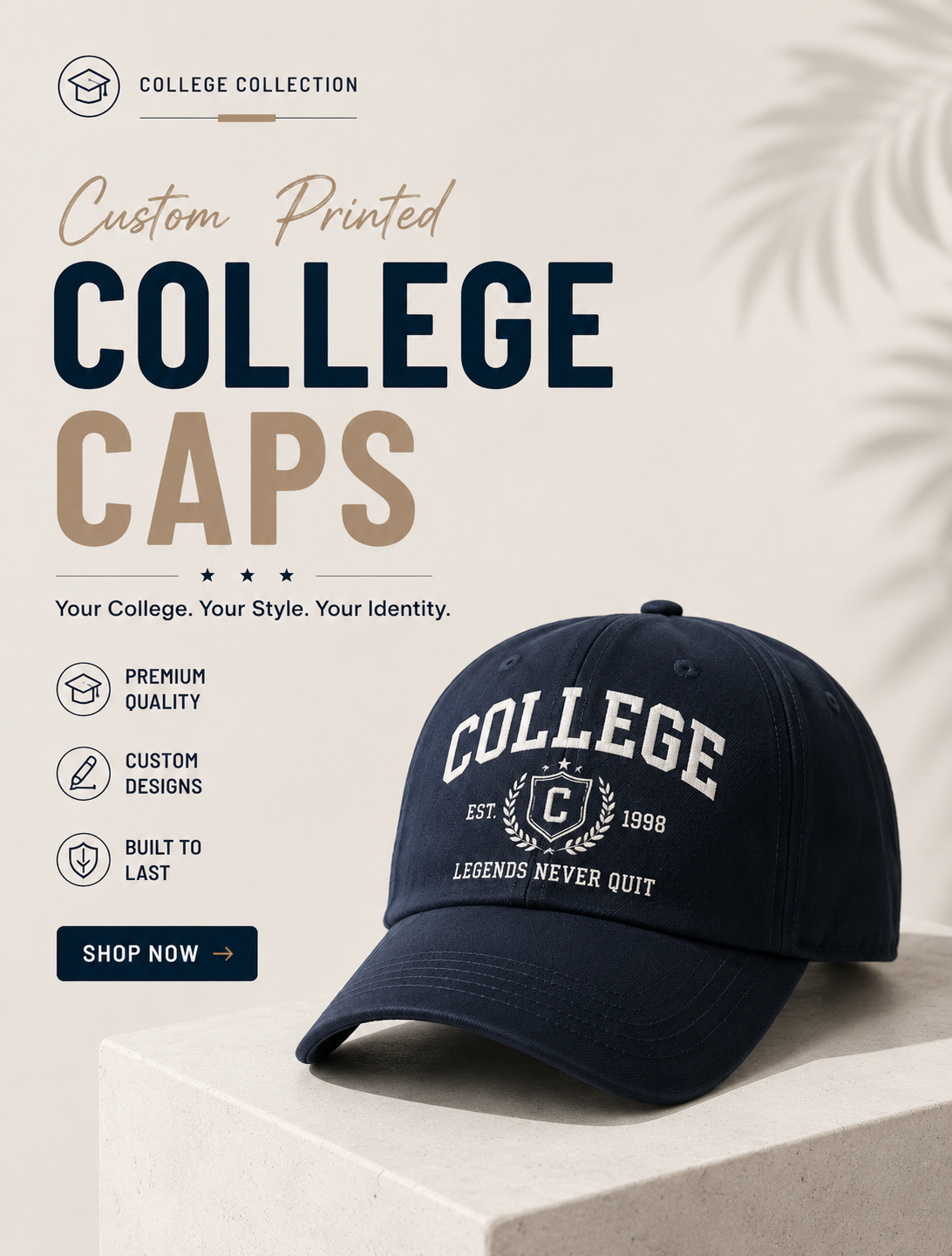 College caps with campus-inspired designs